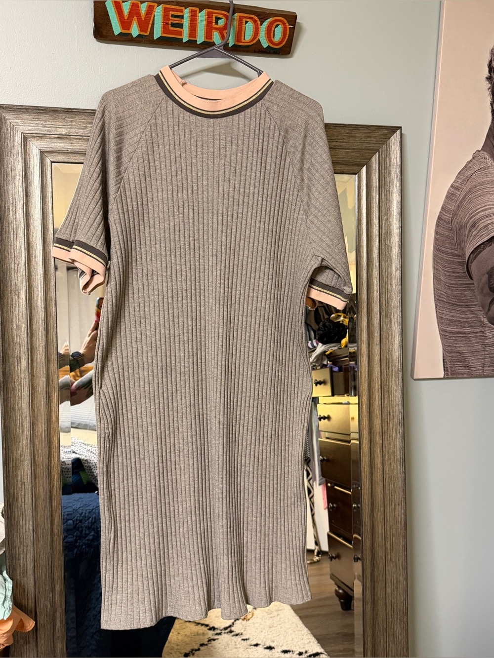 Dressed in LALA Gray Ribbed Midi Dress with Pink Trim